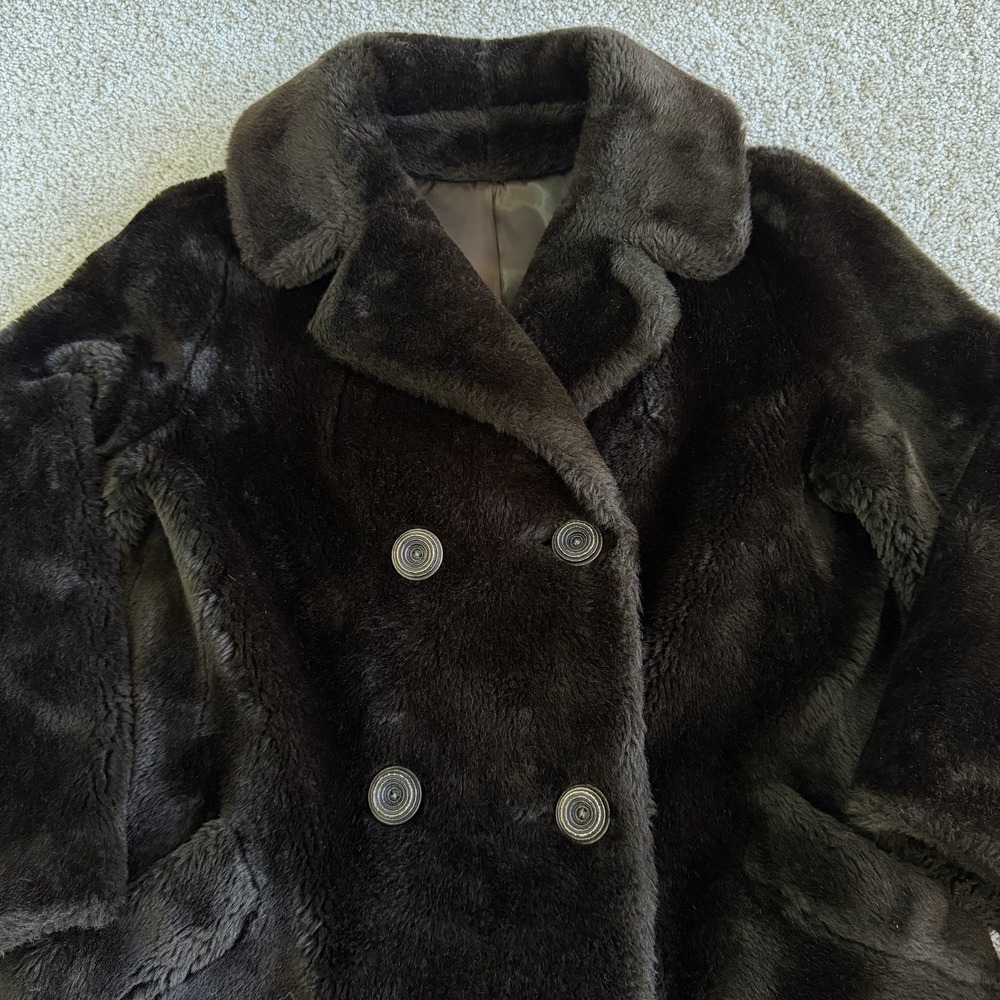Vintage Borgana Coat Womens M Brown Faux Fur Mid Length Lined Button Overcoat